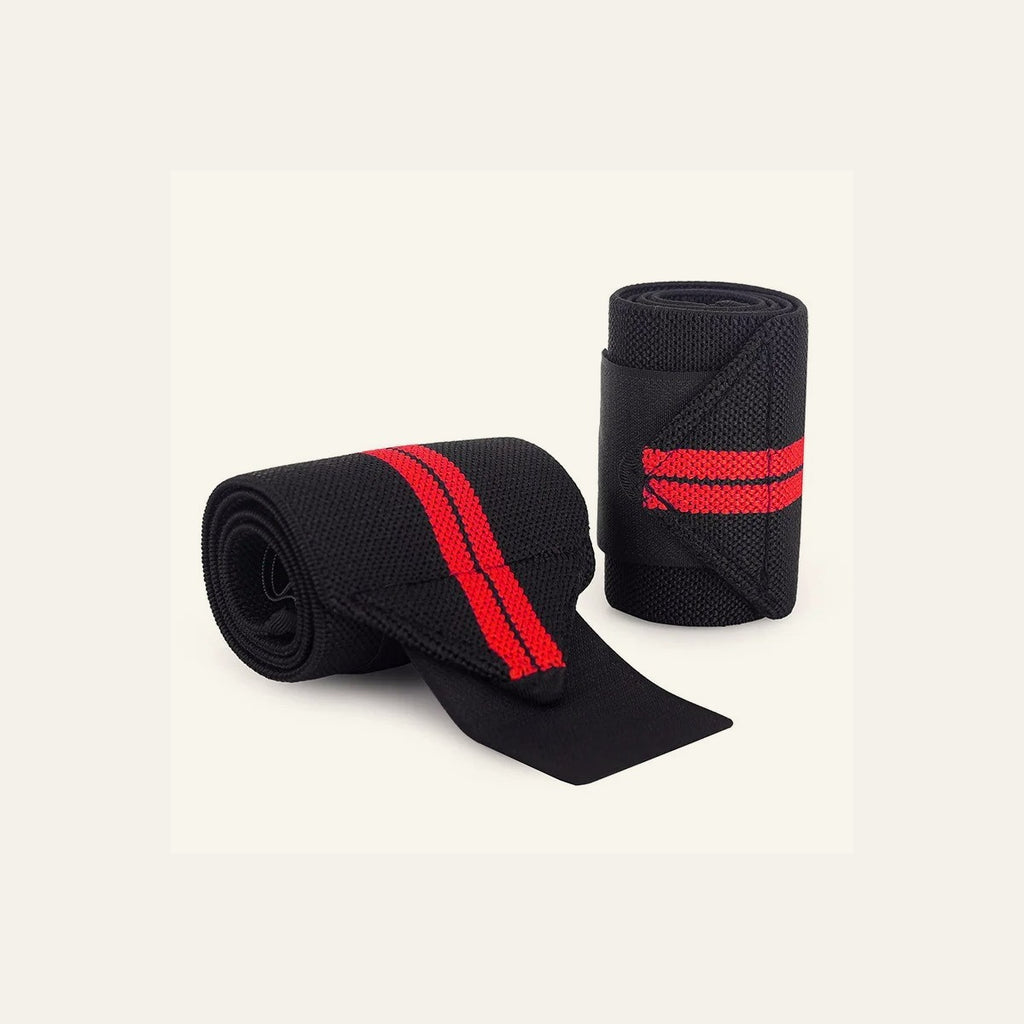 Wrist wraps DIPPR — paire de bandes de maintien poignet noir et rouge, enroulées